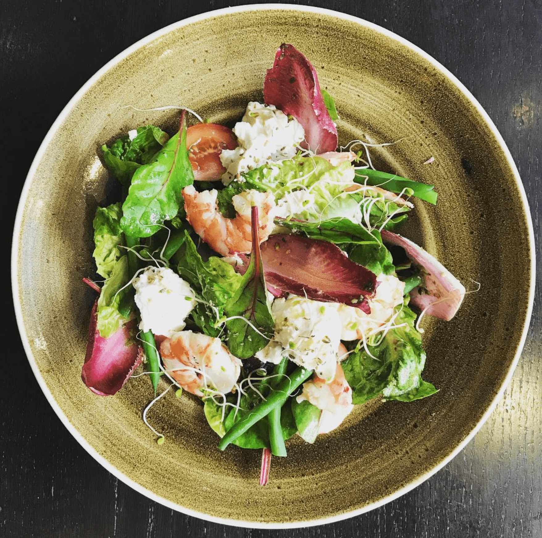 Mixed prawn salad — king prawns, fresh mozzarella, treviso radicchio, green beans, pickled onion and micro-greens
