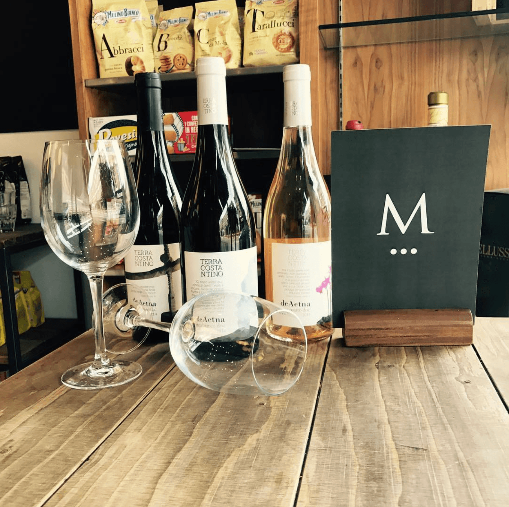 Italian wine selection from the Marco delicatessen — Terra Costantino Aetna red, rosé and white with the Marco M card